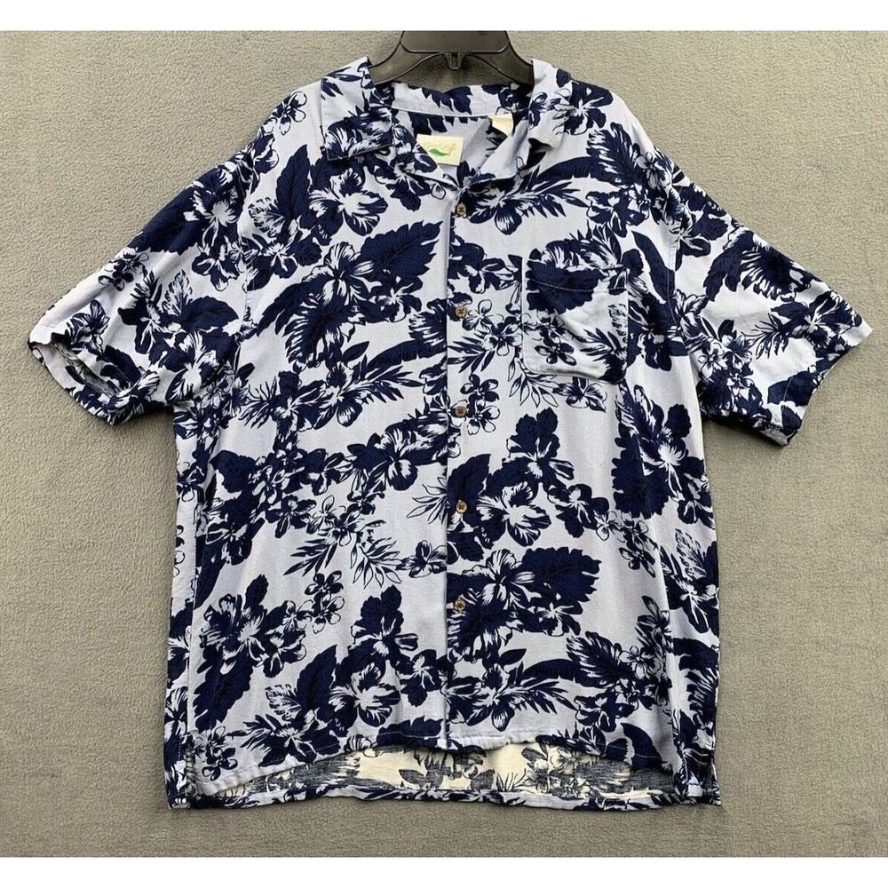 Good Life Short Sleeve Button Up Shirt 2XL Blue Floral 100% Silk Chest Pocket